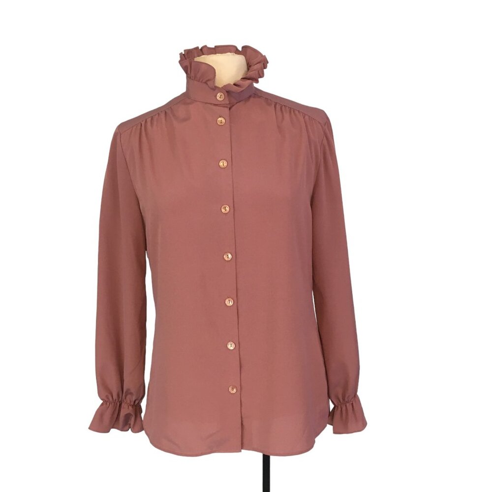 Vintage Victorian Style‎ Dusty Pink High Ruffle Neck Blouse, Poet Sleeves, Top